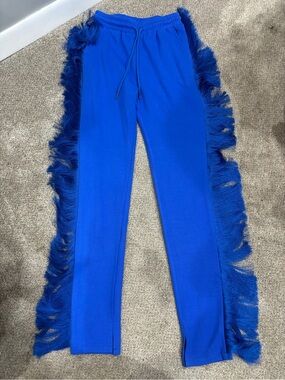 NEW Minaa Monroe Fringe Sweatpants Blue Size Small Western Boho Hippy